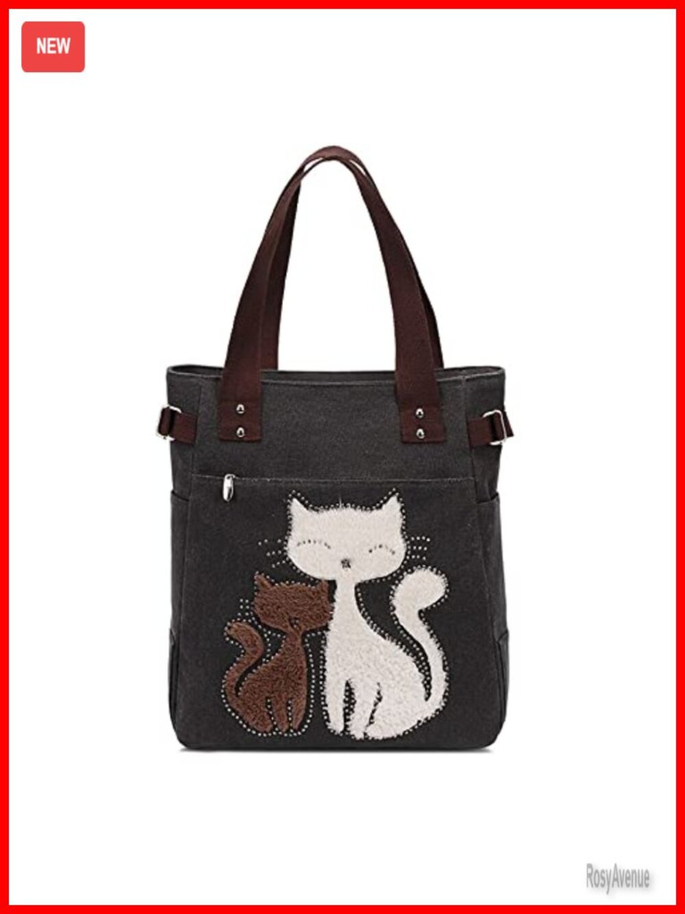 Canvas Tote Handbag Cat Embroidery Shoulder Purse Large Zipper Work Travel